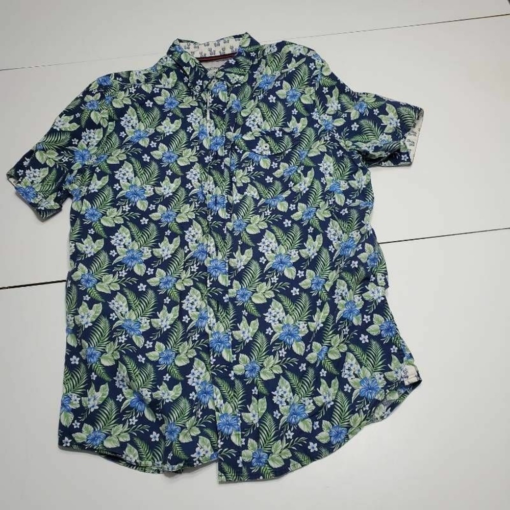 International Report Mens Oxford Hawaiian Shirt Blue Green Floral Pocket L